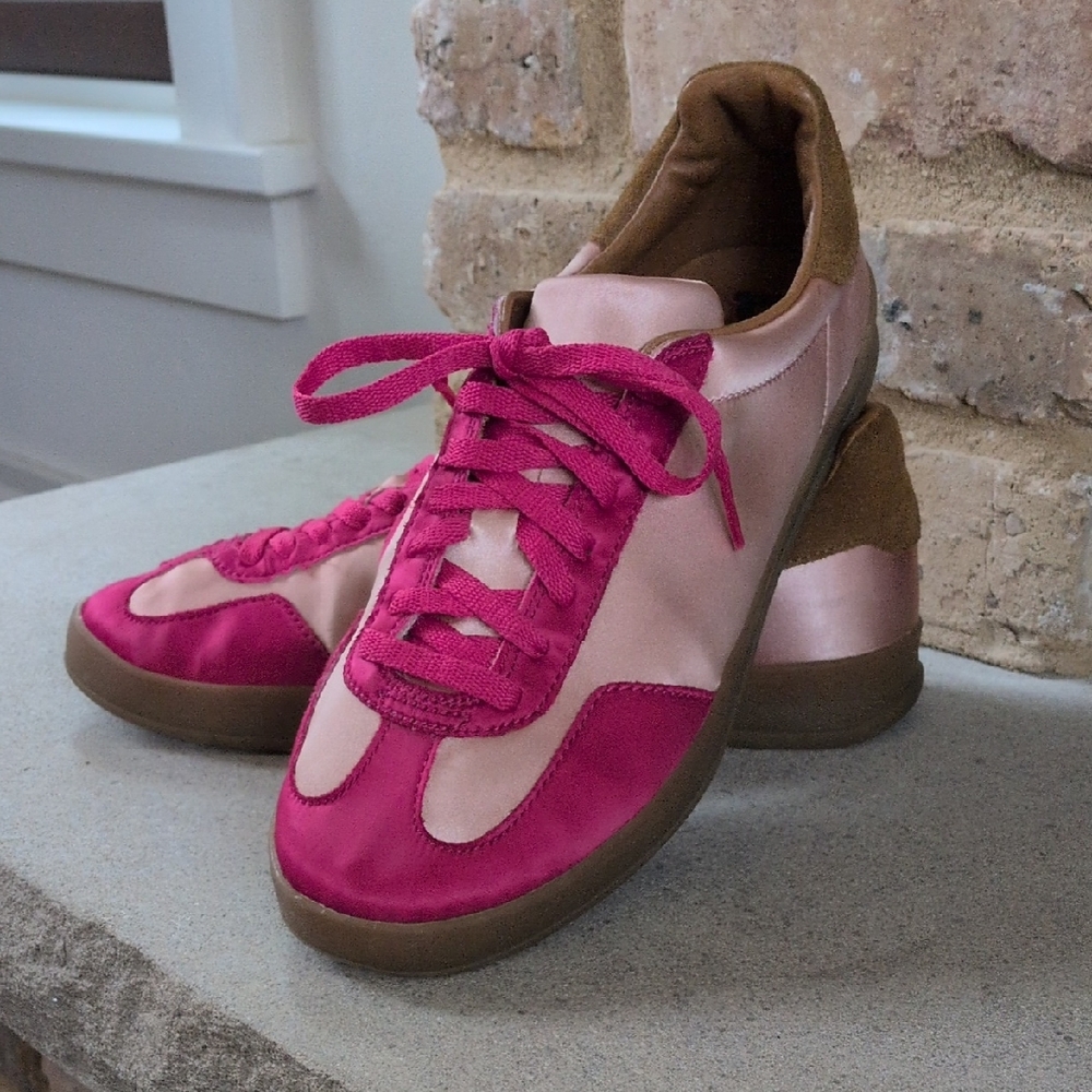 PLAY by JEFFERY CAMPBELL I Pink & Brown Satin & Suede "Keyes" Sneakers Shoes, 8 - Picture 2 of 16